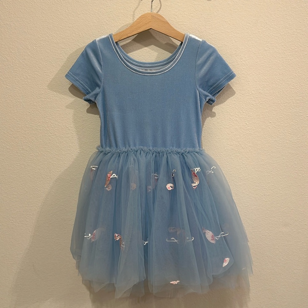 VGUC 6/7 Only Little Once Blue Velour Flamingo Dress! 🦩